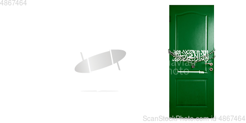 Image of Door colored in Saudi Arabia flag, locking with chain. Countries lockdown during coronavirus, COVID spreading