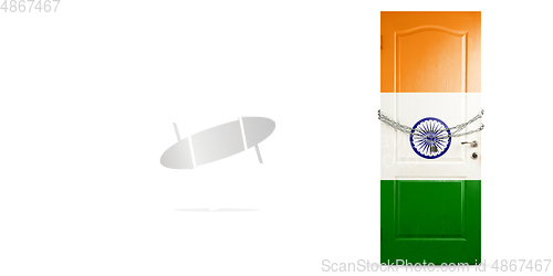 Image of Door colored in India flag, locking with chain. Countries lockdown during coronavirus, COVID spreading