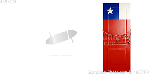 Image of Door colored in Chile flag, locking with chain. Countries lockdown during coronavirus, COVID spreading