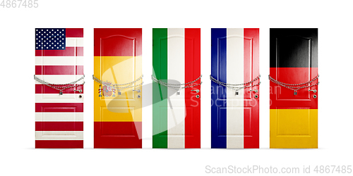 Image of Door colored in USA, Spain, Italy, France, Germany flags, locking with chain. Countries lockdown during coronavirus, COVID spreading