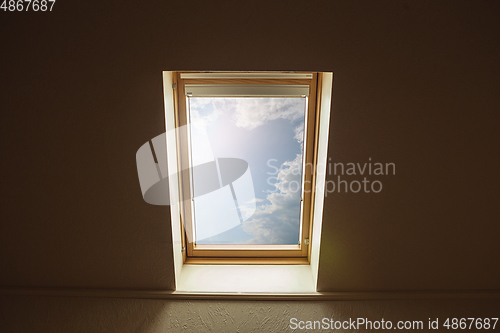 Image of Closed window and beautiful picture outside, nature view, resort and resting