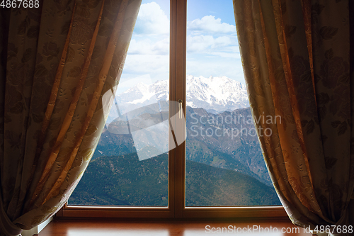 Image of Closed window and beautiful picture outside, nature view, resort and resting