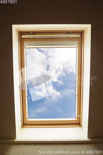 Image of Closed window and beautiful picture outside, nature view, resort and resting