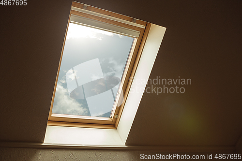 Image of Closed window and beautiful picture outside, nature view, resort and resting