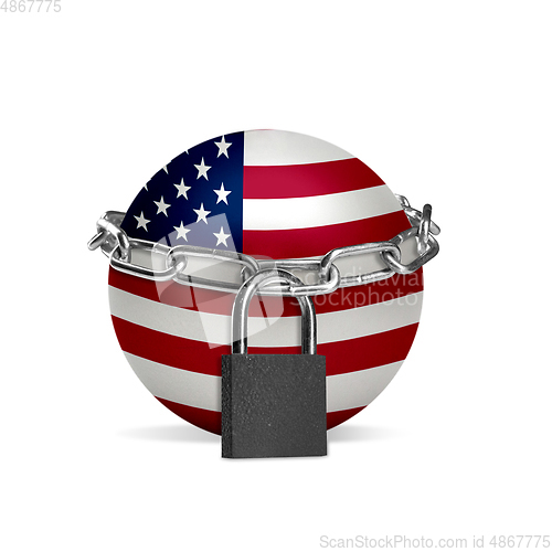 Image of Planet colored in USA flag, locking with chain. Countries lockdown during coronavirus, COVID spreading