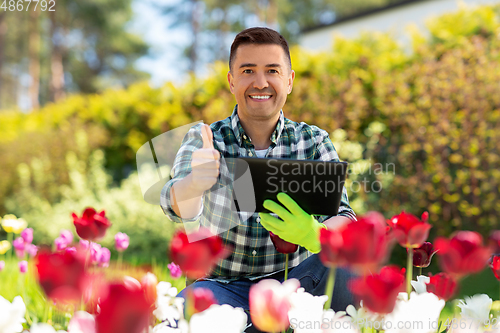 Image of man with tablet pc and flowers at summer garden