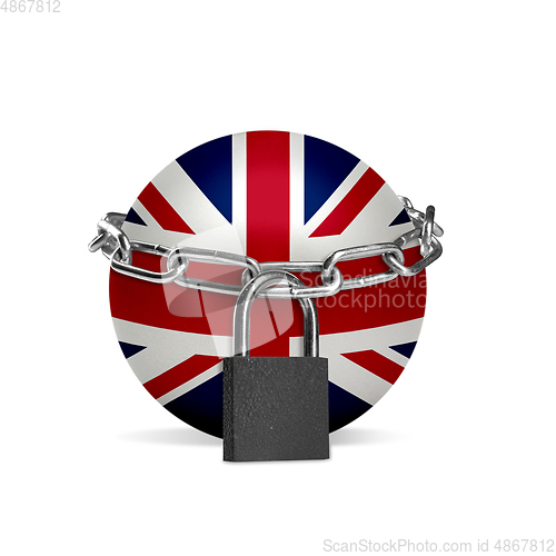 Image of Planet colored in United Kingdom flag, locking with chain. Countries lockdown during coronavirus, COVID spreading