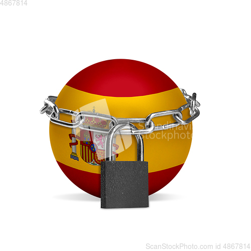 Image of Planet colored in Spain flag, locking with chain. Countries lockdown during coronavirus, COVID spreading