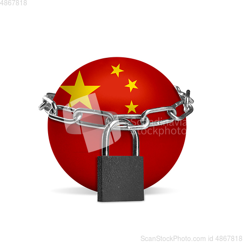 Image of Planet colored in China flag, locking with chain. Countries lockdown during coronavirus, COVID spreading