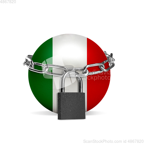 Image of Planet colored in Italy flag, locking with chain. Countries lockdown during coronavirus, COVID spreading