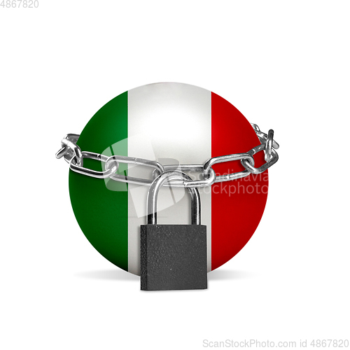 Image of Planet colored in Italy flag, locking with chain. Countries lockdown during coronavirus, COVID spreading