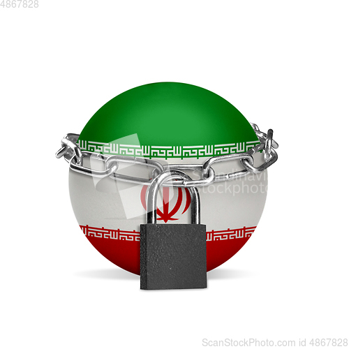 Image of Planet colored in Iran flag, locking with chain. Countries lockdown during coronavirus, COVID spreading