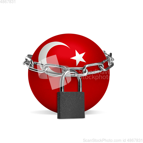 Image of Planet colored in Turkey flag, locking with chain. Countries lockdown during coronavirus, COVID spreading