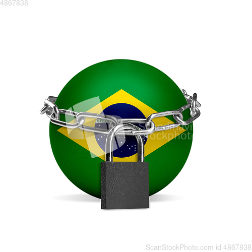 Image of Planet colored in Brazil flag, locking with chain. Countries lockdown during coronavirus, COVID spreading