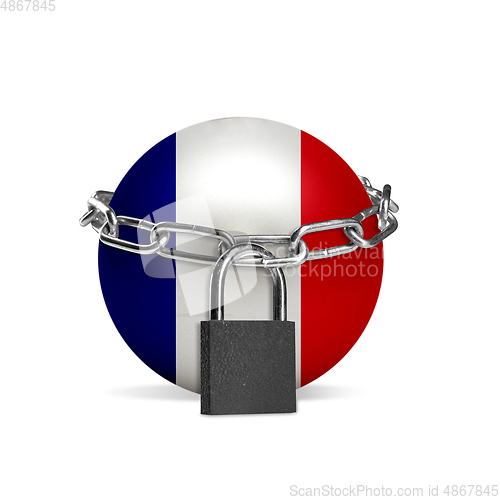 Image of Planet colored in France flag, locking with chain. Countries lockdown during coronavirus, COVID spreading