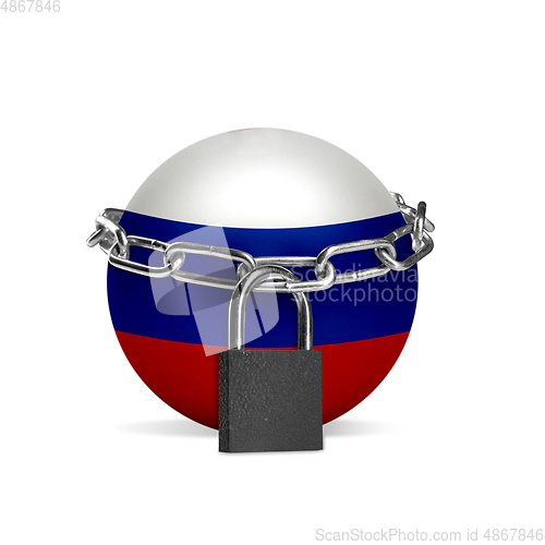 Image of Planet colored in Russia flag, locking with chain. Countries lockdown during coronavirus, COVID spreading