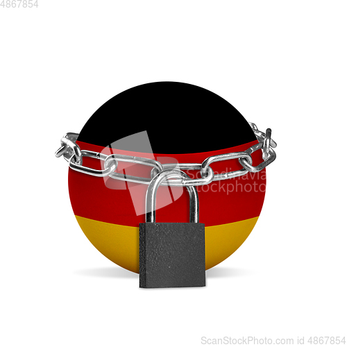 Image of Planet colored in Germany flag, locking with chain. Countries lockdown during coronavirus, COVID spreading