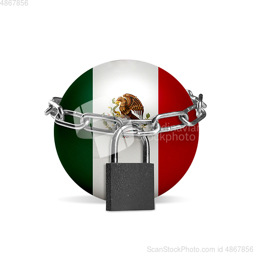 Image of Planet colored in Mexico flag, locking with chain. Countries lockdown during coronavirus, COVID spreading