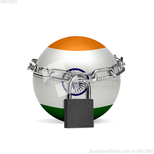 Image of Planet colored in India flag, locking with chain. Countries lockdown during coronavirus, COVID spreading