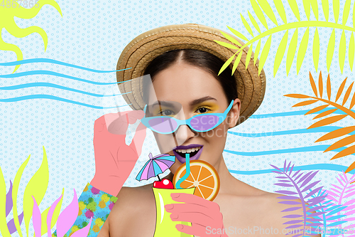 Image of Portrait of a beautiful young woman with bright colorful painted design