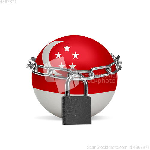 Image of Planet colored in Singapore flag, locking with chain. Countries lockdown during coronavirus, COVID spreading