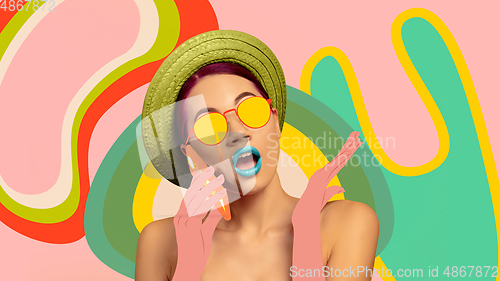 Image of Portrait of a beautiful young woman with bright colorful painted design