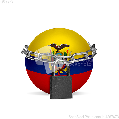 Image of Planet colored in Colombia flag, locking with chain. Countries lockdown during coronavirus, COVID spreading