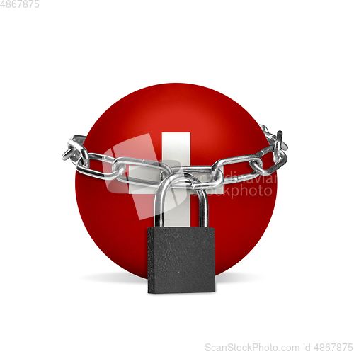 Image of Planet colored in Switzerland flag, locking with chain. Countries lockdown during coronavirus, COVID spreading
