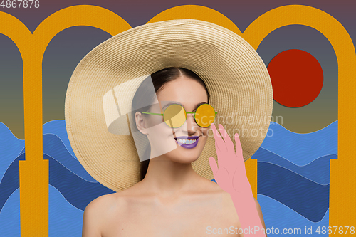 Image of Portrait of a beautiful young woman with bright colorful painted design