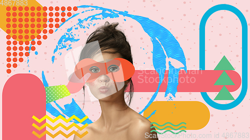 Image of Portrait of a beautiful young woman with bright colorful painted design