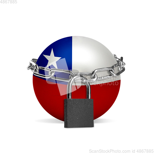 Image of Planet colored in Chile flag, locking with chain. Countries lockdown during coronavirus, COVID spreading