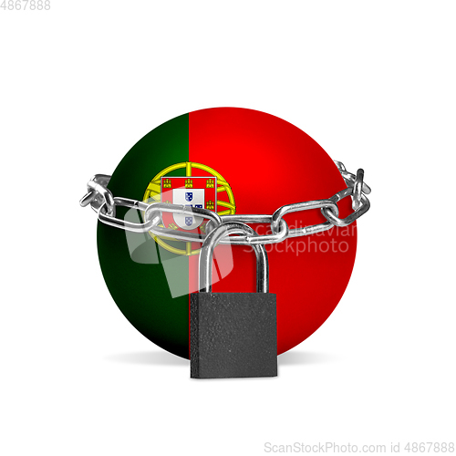 Image of Planet colored in Portugal flag, locking with chain. Countries lockdown during coronavirus, COVID spreading