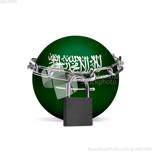 Image of Planet colored in Saudi Arabia flag, locking with chain. Countries lockdown during coronavirus, COVID spreading