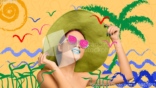 Image of Portrait of a beautiful young woman with bright colorful painted design