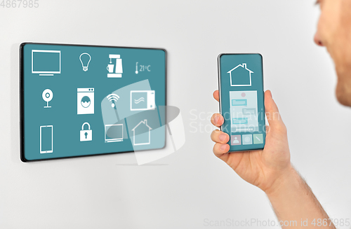 Image of man with smartphone and tablet pc at smart home