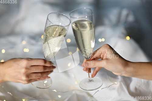 Image of close up of lesbian couple with champagne glasses