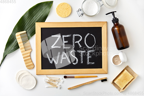 Image of natural cosmetics and chalkboard with zero waste