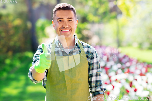 Image of happy man in apron showing thumbs up at garden