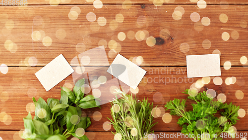 Image of greens, spices or medicinal herbs on wooden boards