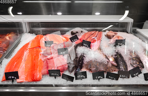 Image of seafood in fish shop fridge display case