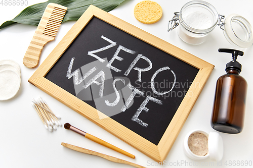 Image of natural cosmetics and chalkboard with zero waste