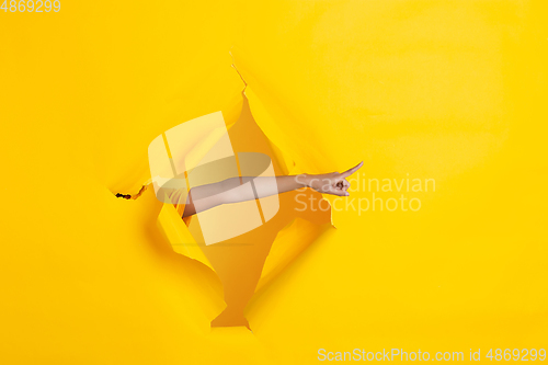 Image of Female hand pointing in torn yellow paper hole background, celebration