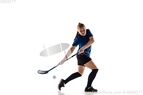 Image of Floorball female player isolated on white studio background, action and motion concept