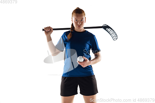 Image of Floorball female player isolated on white studio background, action and motion concept