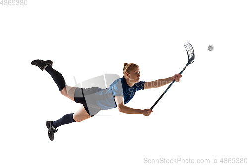 Image of Floorball female player isolated on white studio background, action and motion concept