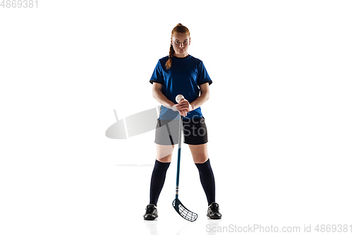 Image of Floorball female player isolated on white studio background, action and motion concept