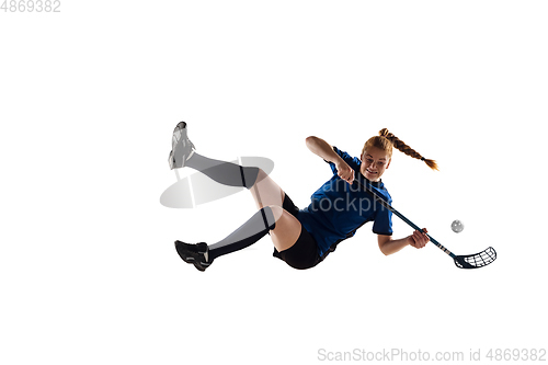 Image of Floorball female player isolated on white studio background, action and motion concept