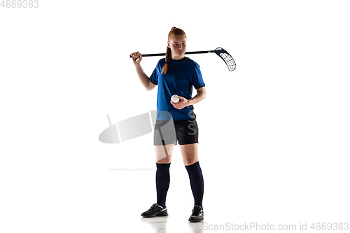 Image of Floorball female player isolated on white studio background, action and motion concept