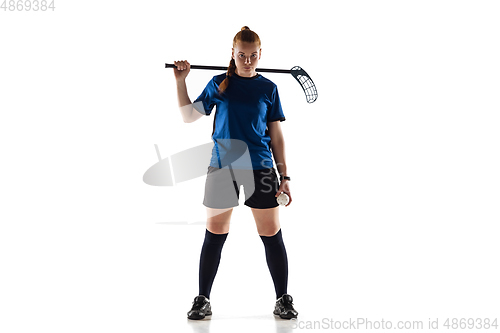 Image of Floorball female player isolated on white studio background, action and motion concept