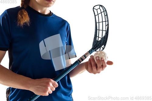 Image of Floorball female player isolated on white studio background, action and motion concept